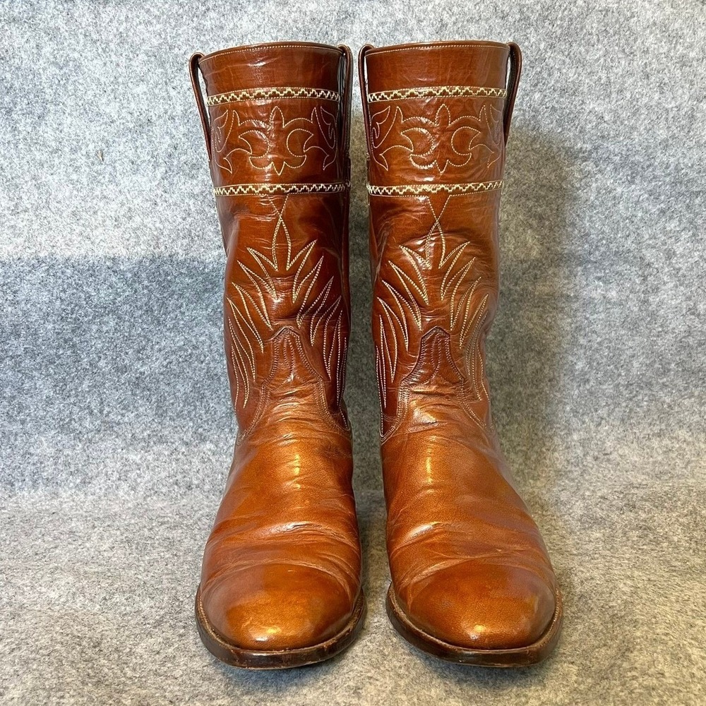Vtg Lucchese San Antonio Cowboy Boots Mens 10D Shrunken Shoulder Leather Brown